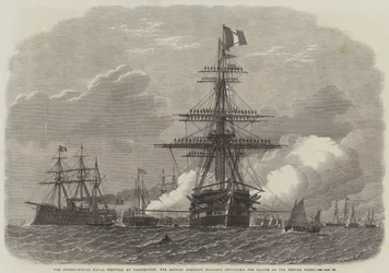 Das Internationale Marinefestival in Portsmouth, die britische Admiralflagge erwidert den Salut der französischen Flotte